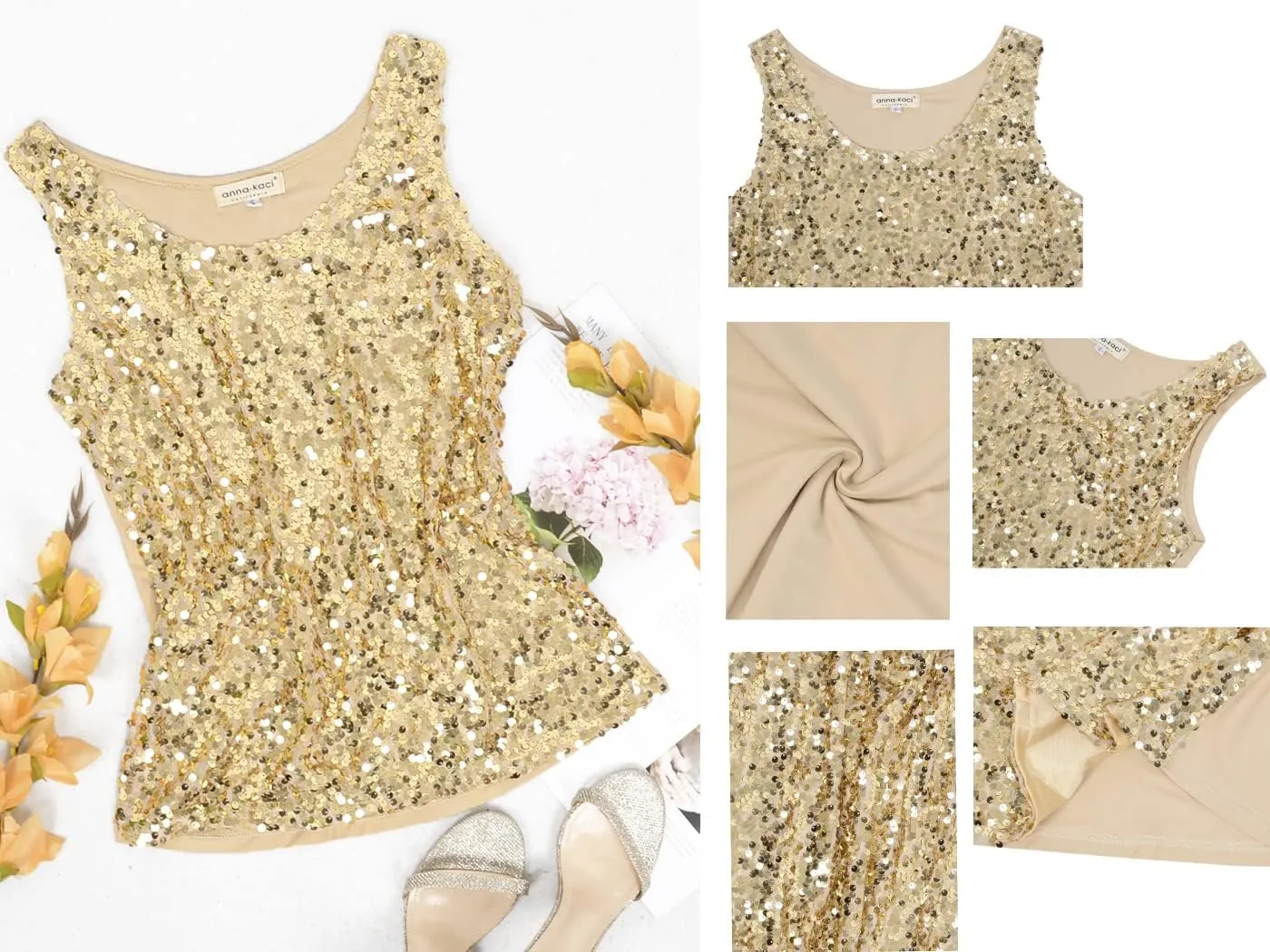 Anna-Kaci Womens Sequin Metallic Sparkly Cocktail Party Sleeveless Tank Top
