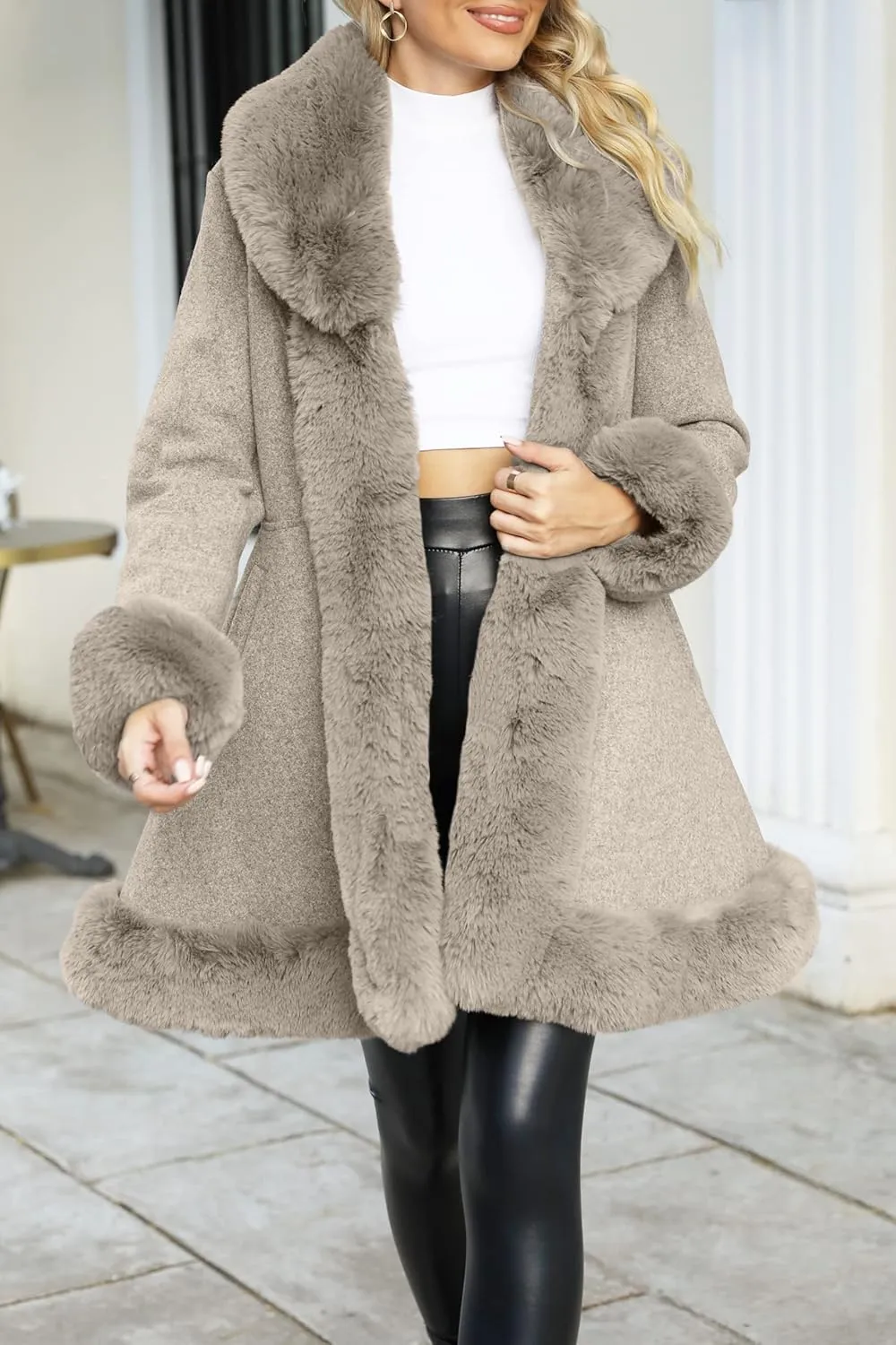 Bellivera Women's Wool Pea Coat Faux Fur Jacket Winter Warm Parka Overcoat with Belt