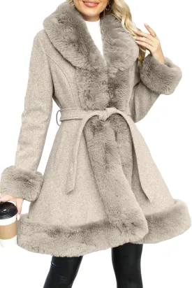 Bellivera Women's Wool Pea Coat Faux Fur Jacket Winter Warm Parka Overcoat with Belt