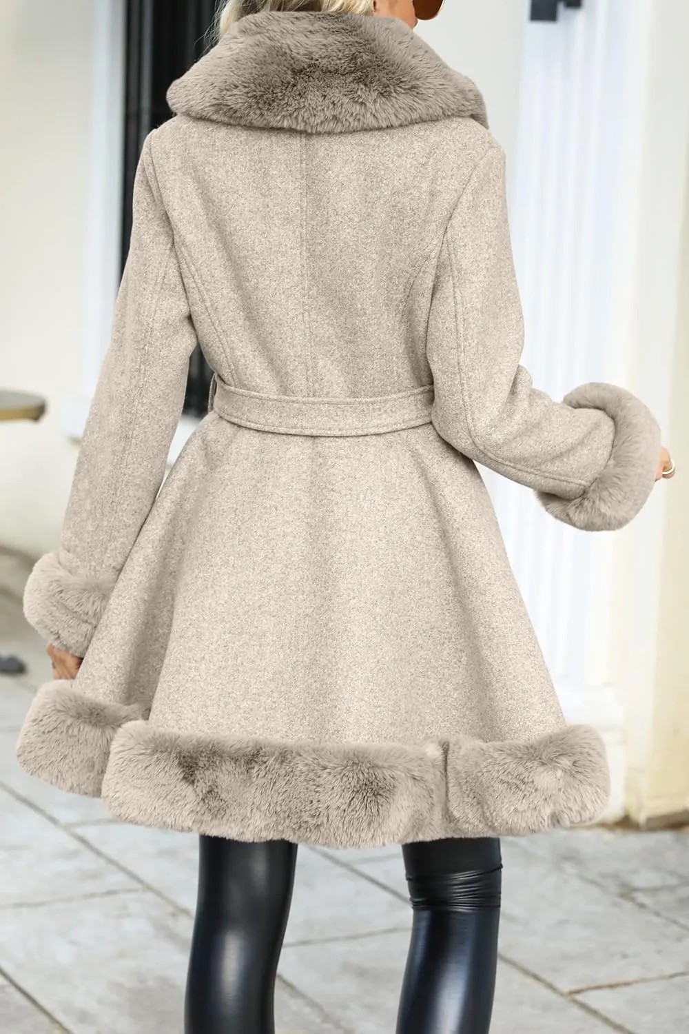 Bellivera Women's Wool Pea Coat Faux Fur Jacket Winter Warm Parka Overcoat with Belt