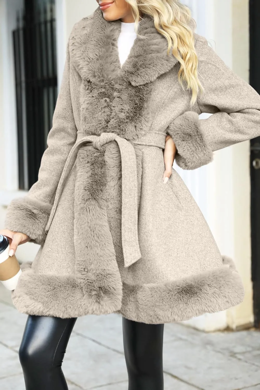 Bellivera Women's Wool Pea Coat Faux Fur Jacket Winter Warm Parka Overcoat with Belt