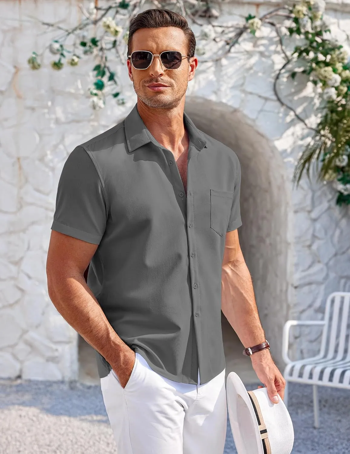 COOFANDY Men's Casual Button Down Shirts Short Sleeve Summer Beach Vacation Untucked Dress Shirts with Pocket
