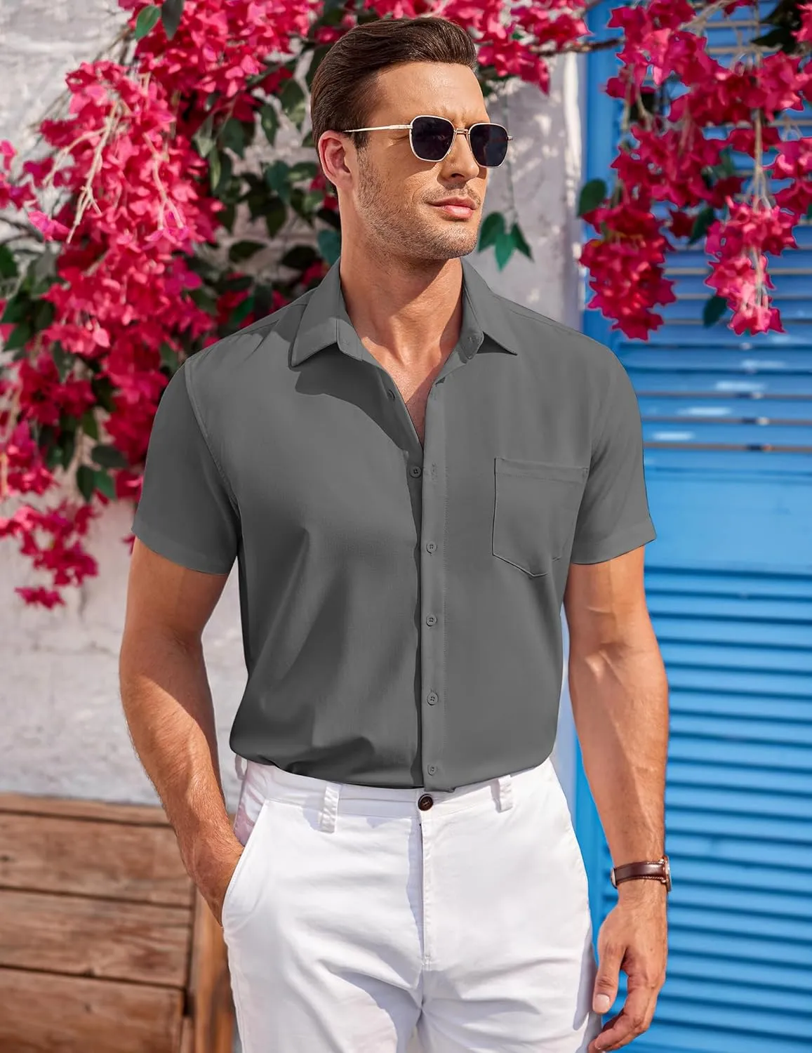 COOFANDY Men's Casual Button Down Shirts Short Sleeve Summer Beach Vacation Untucked Dress Shirts with Pocket