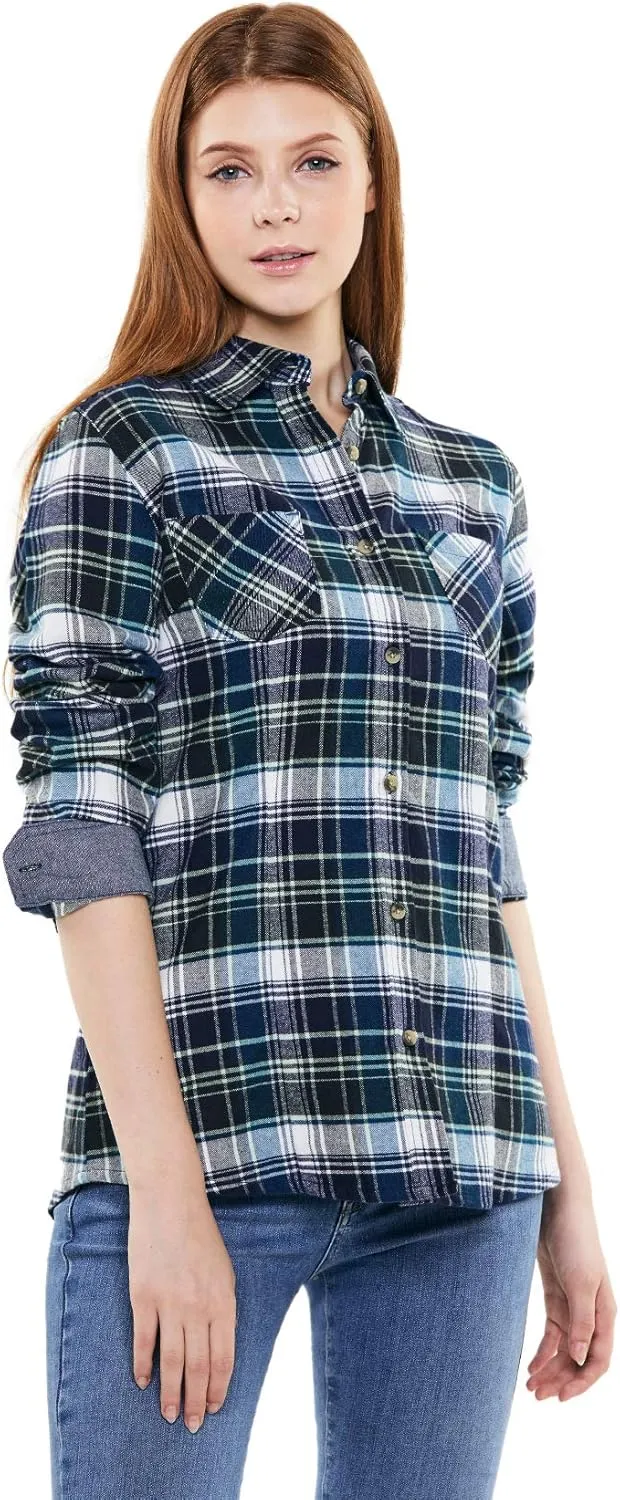 CQR Women's Plaid Flannel Shirt Long Sleeve, All-Cotton Soft Brushed Casual Button Down Shirts