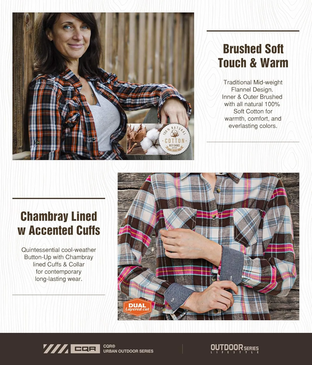 CQR Women's Plaid Flannel Shirt Long Sleeve, All-Cotton Soft Brushed Casual Button Down Shirts