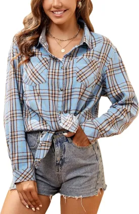 Damipow Flannel Shirt Women Long Sleeve Fall Blouse Ladies Casual Top Cute Clothes