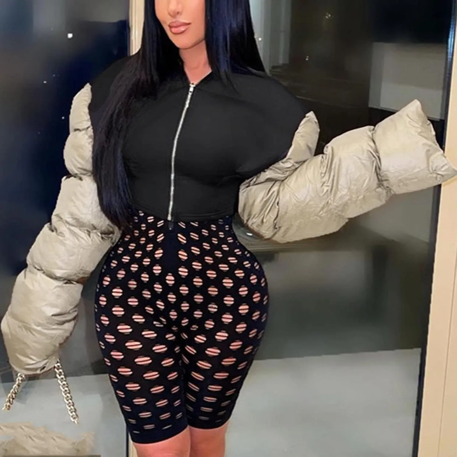 DASAYO Women's Puffy Long Sleeve Zip Cropped Puffer Jacket Color Block Quilted Puffy Down Coat Slouchy Winter Outwear Trendy