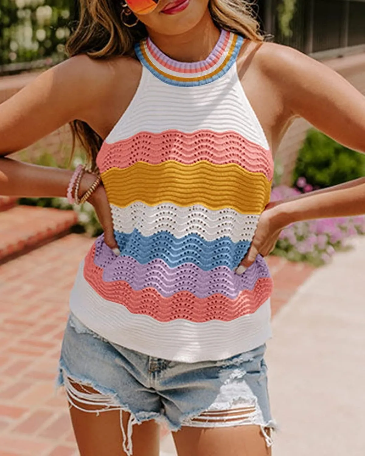 Dellytop Womens Halter Neck Sweater Vest Color Block Sleeveless Loose Knit Tank Top