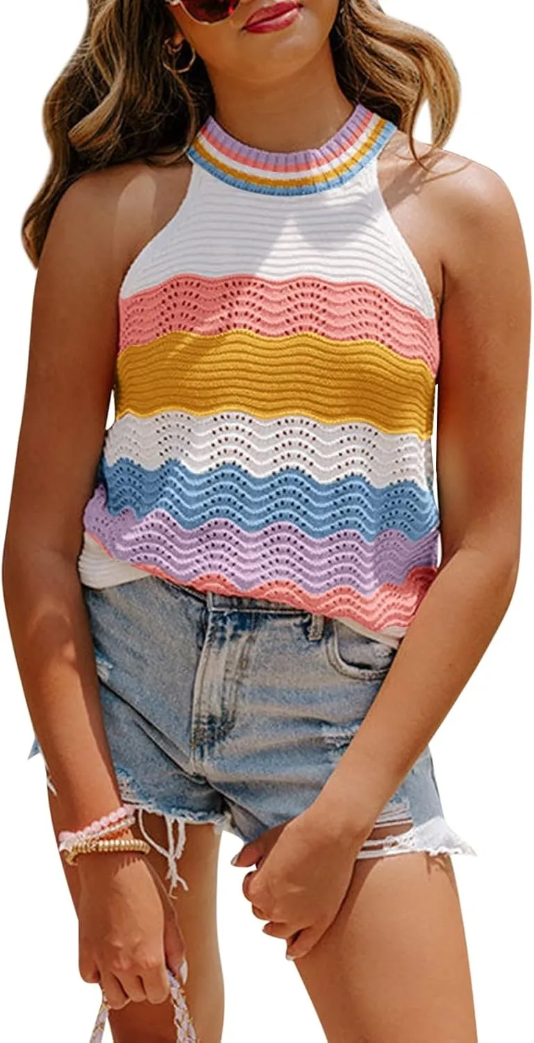 Dellytop Womens Halter Neck Sweater Vest Color Block Sleeveless Loose Knit Tank Top