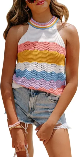 Dellytop Womens Halter Neck Sweater Vest Color Block Sleeveless Loose Knit Tank Top
