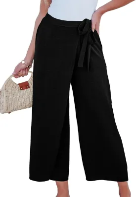 EVALESS Women's Wide Leg Palazzo Pants Work Casual Trousers Summer Elastic High Waisted Cute Side Tie Culottes with Pockets
