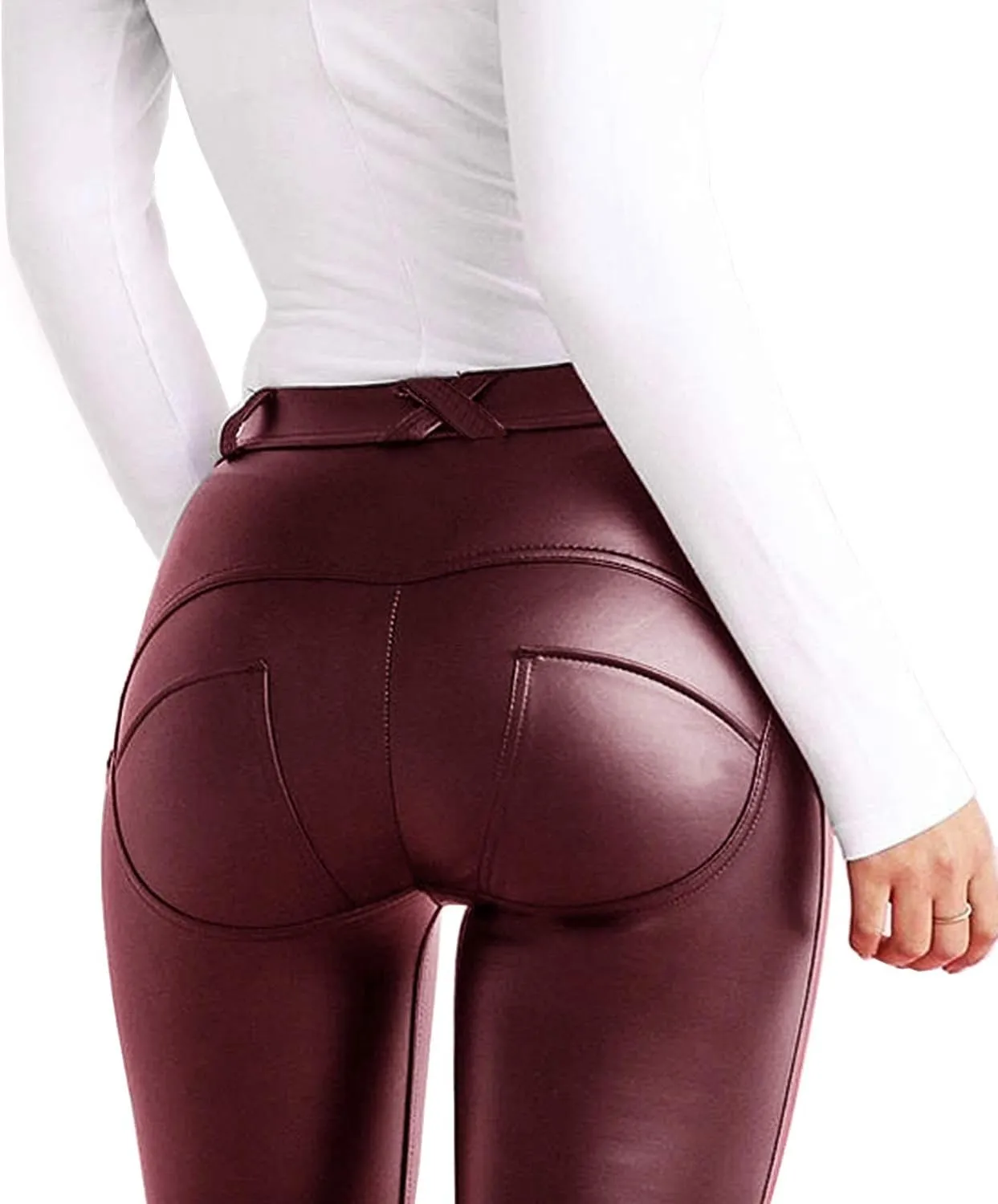 FITTOO Women's Faux Patent Leather Leggings PU Pleather Pants Butt Lift Hip Push Up High Waisted