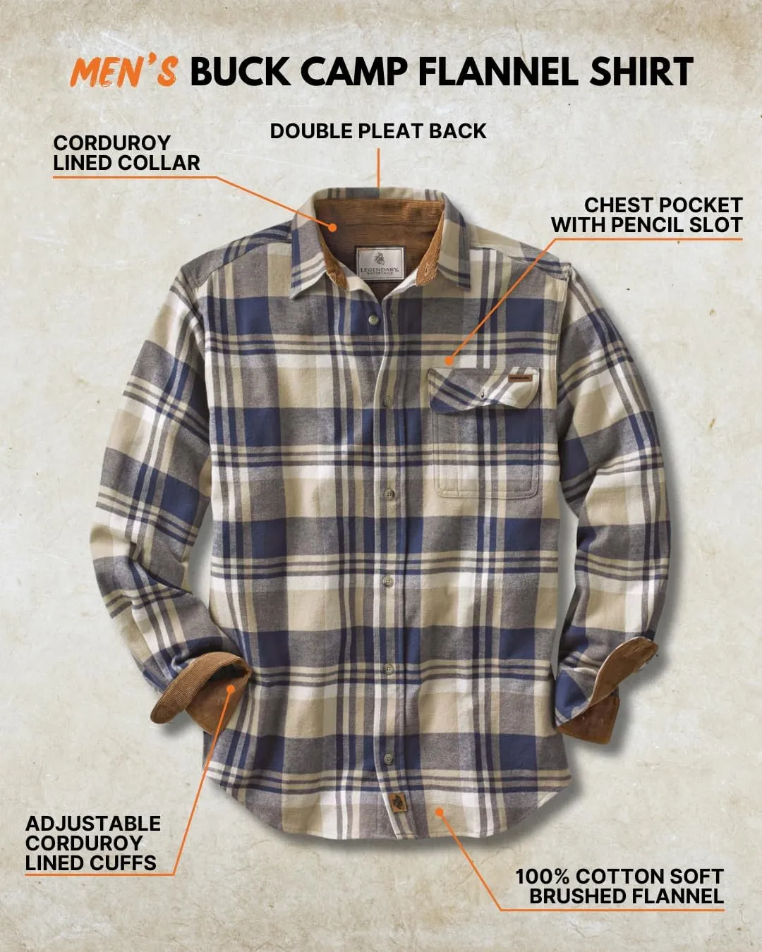 Legendary Whitetails Men's Buck Camp Flannel, Long Sleeve Plaid Button Down Casual Shirt, Corduroy Cuffs
