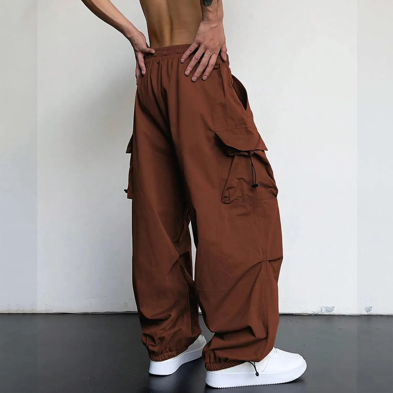 Men's Baggy Cargo Pants Casual Parachute Pant Drawstring Elastic Waist Loose Fit Athletic Joggers Sweatpants with Pockets