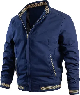 Men's Cotton Jacket Long Sleeve Lightweight Banded Collar Baseball Bomber Jacket Windbreaker