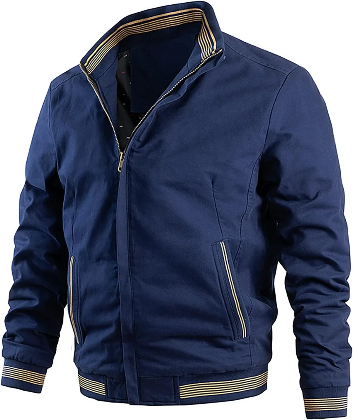 Men's Cotton Jacket Long Sleeve Lightweight Banded Collar Baseball Bomber Jacket Windbreaker