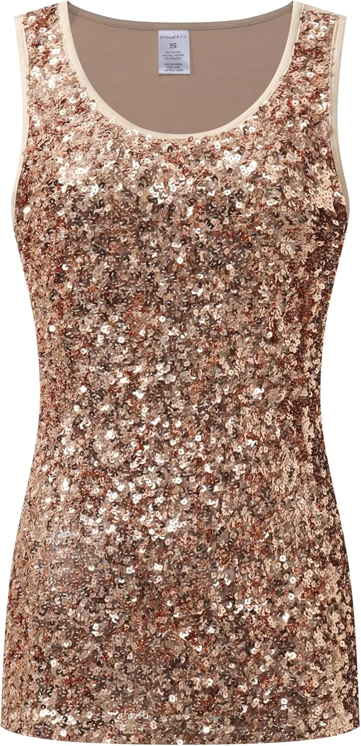 OThread & Co. Women's Glitter Sequin Tank Top Sleeveless Scoop Neck Night Out Party Top
