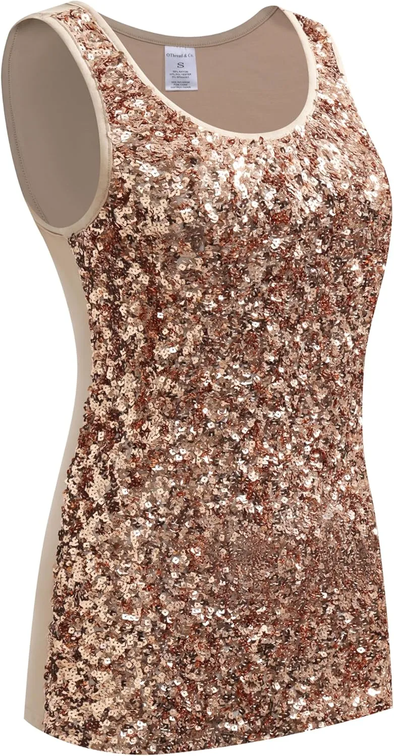 OThread & Co. Women's Glitter Sequin Tank Top Sleeveless Scoop Neck Night Out Party Top