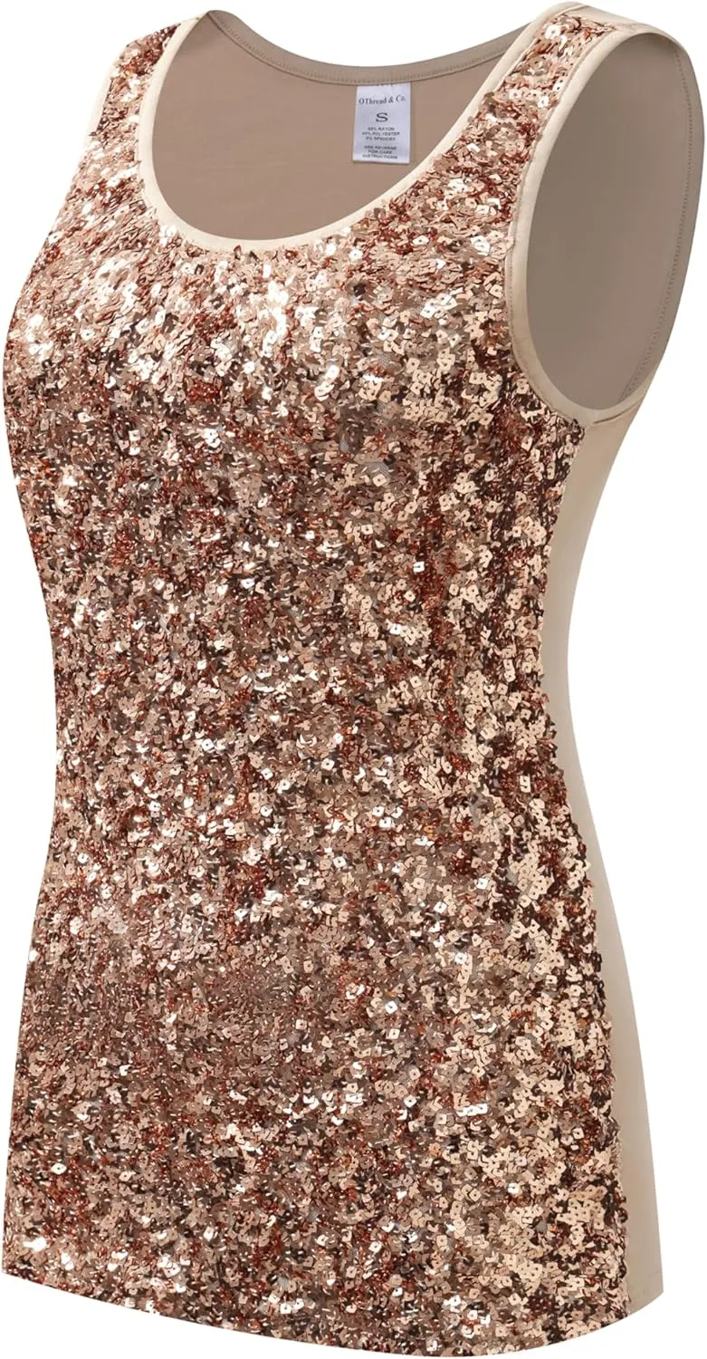 OThread & Co. Women's Glitter Sequin Tank Top Sleeveless Scoop Neck Night Out Party Top