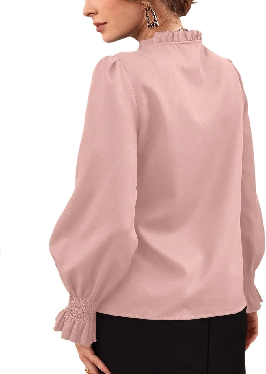 Rooscier Women's Frill Mock Neck Self Tie Shirred Ruffle Long Sleeve Elegant Blouse