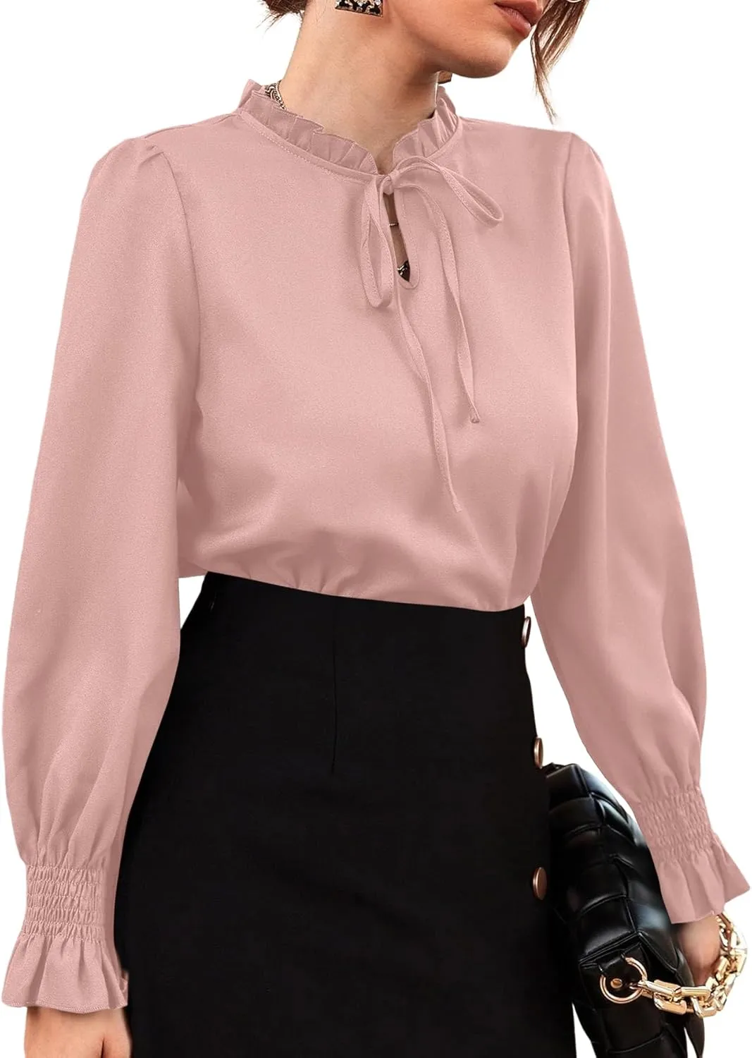 Rooscier Women's Frill Mock Neck Self Tie Shirred Ruffle Long Sleeve Elegant Blouse