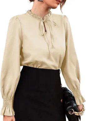 Rooscier Women's Frill Mock Neck Self Tie Shirred Ruffle Long Sleeve Elegant Blouse