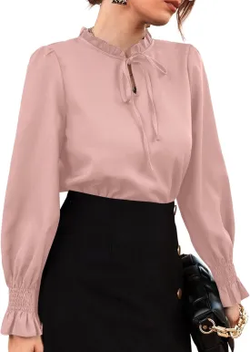 Rooscier Women's Frill Mock Neck Self Tie Shirred Ruffle Long Sleeve Elegant Blouse
