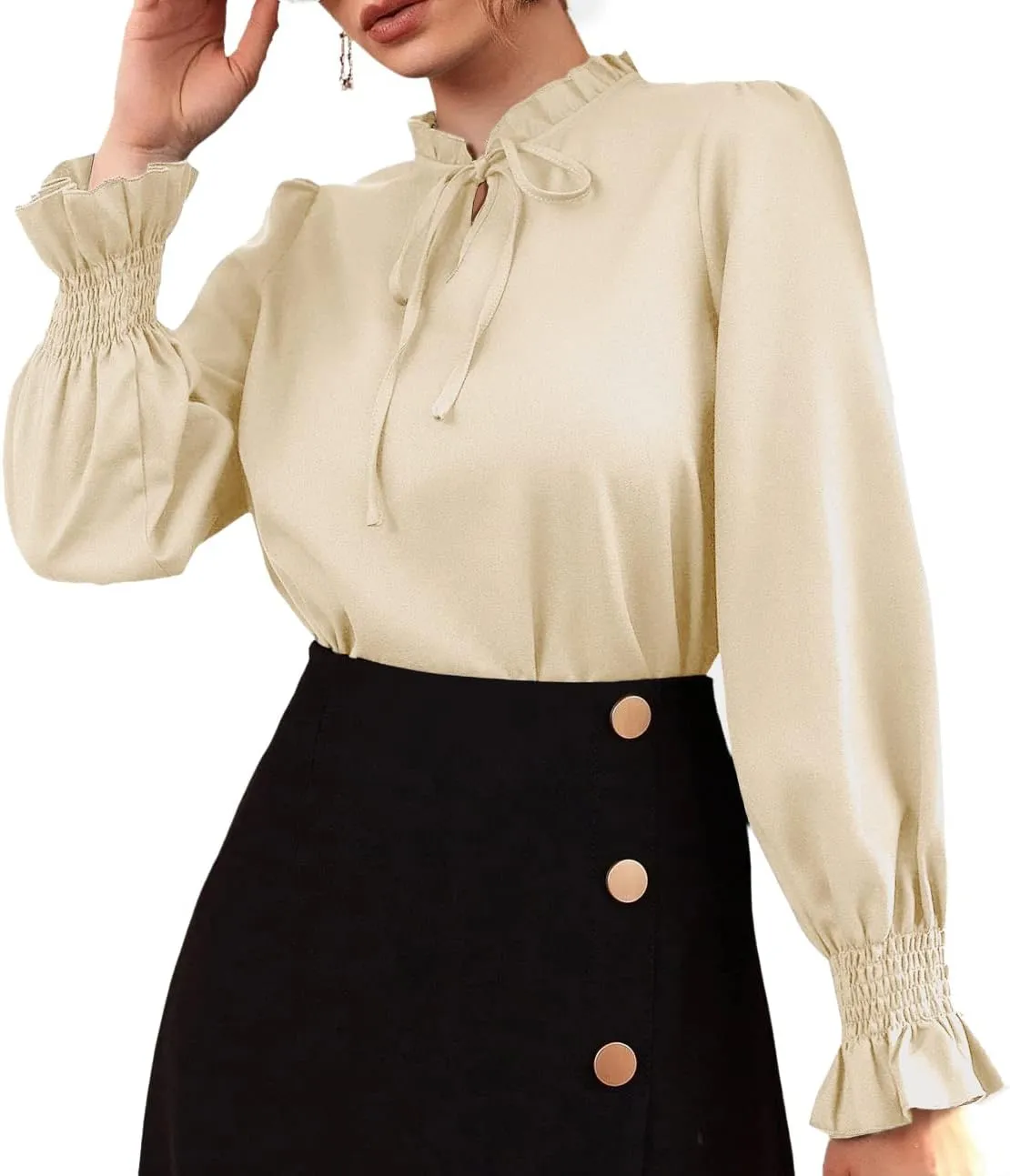 Rooscier Women's Frill Mock Neck Self Tie Shirred Ruffle Long Sleeve Elegant Blouse