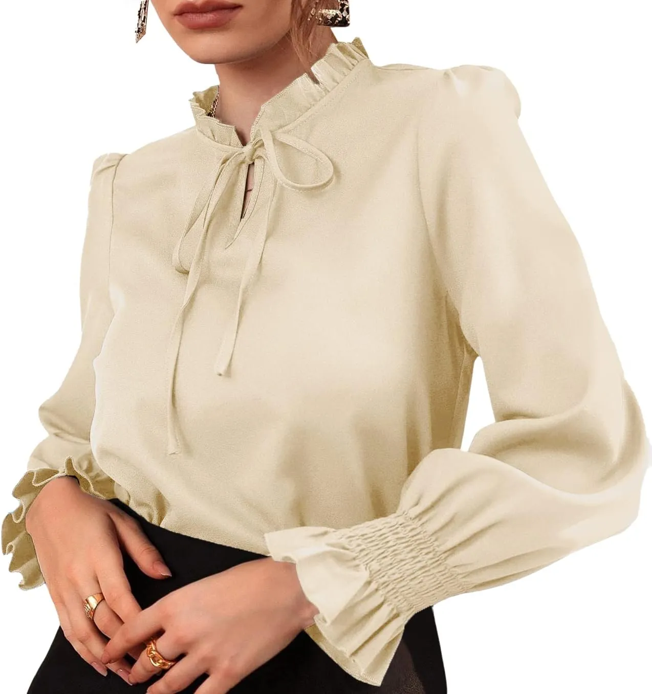 Rooscier Women's Frill Mock Neck Self Tie Shirred Ruffle Long Sleeve Elegant Blouse