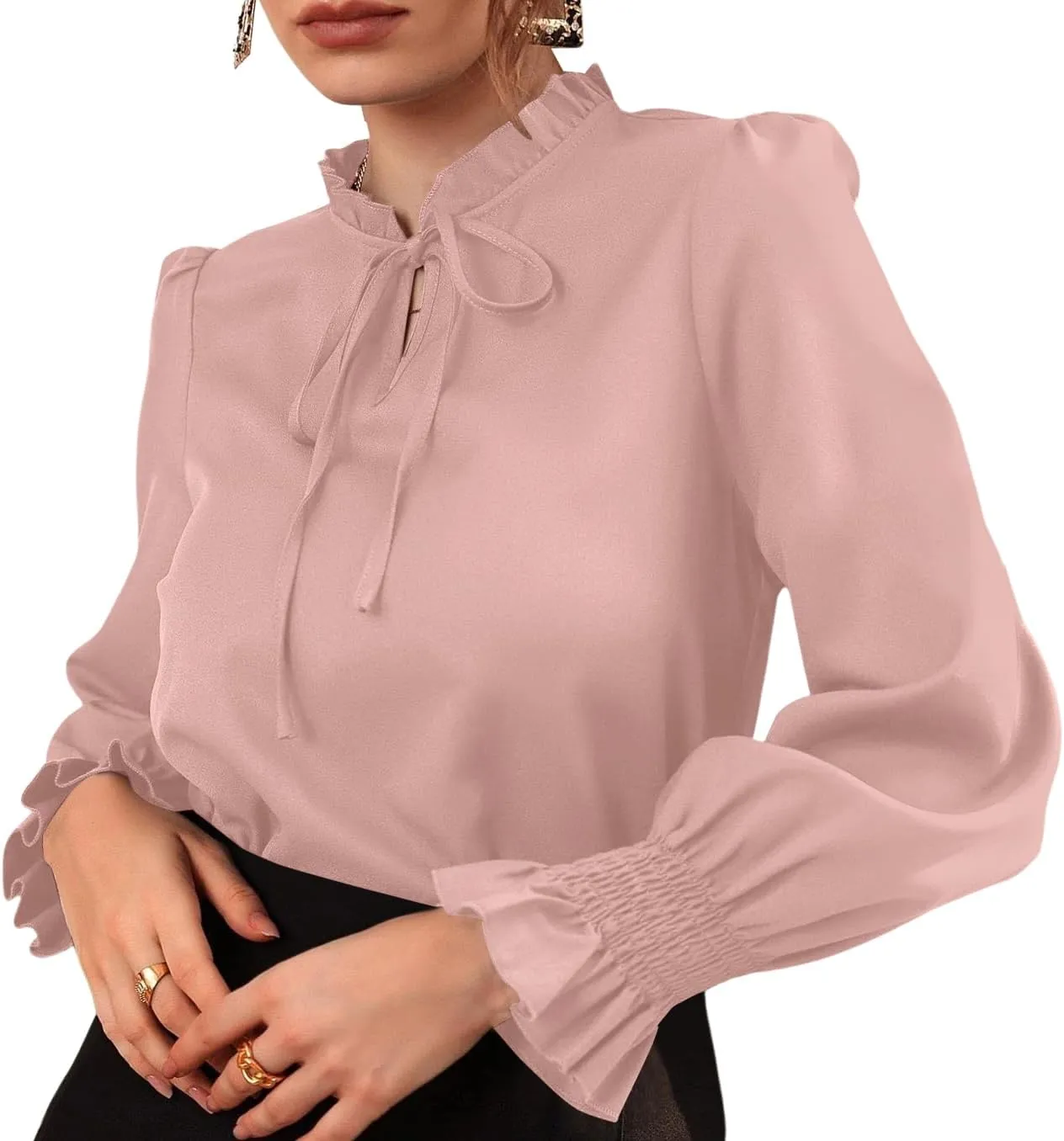 Rooscier Women's Frill Mock Neck Self Tie Shirred Ruffle Long Sleeve Elegant Blouse