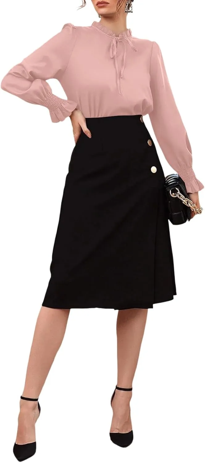 Rooscier Women's Frill Mock Neck Self Tie Shirred Ruffle Long Sleeve Elegant Blouse