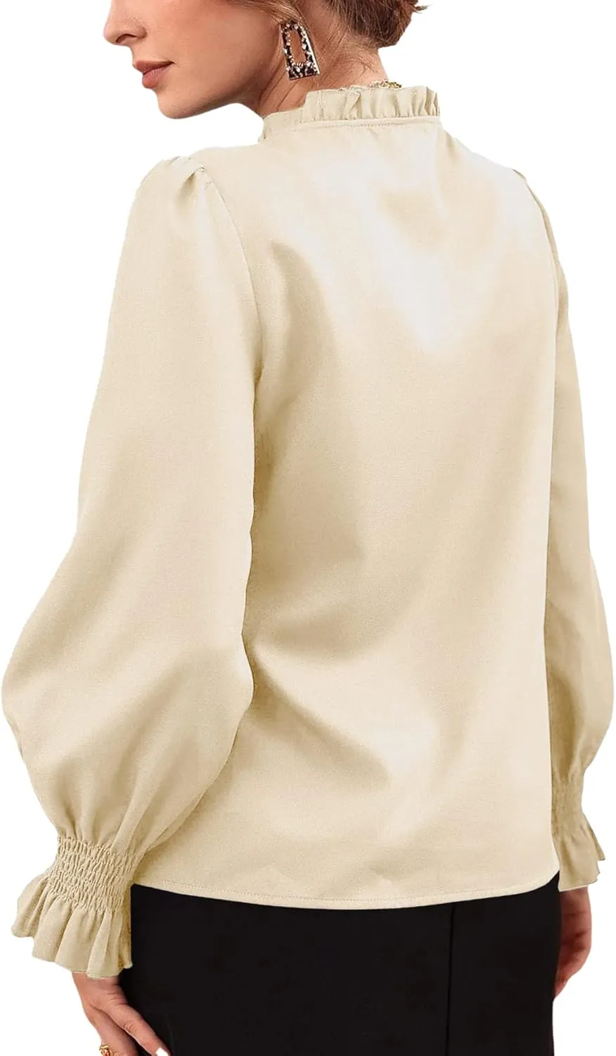 Rooscier Women's Frill Mock Neck Self Tie Shirred Ruffle Long Sleeve Elegant Blouse