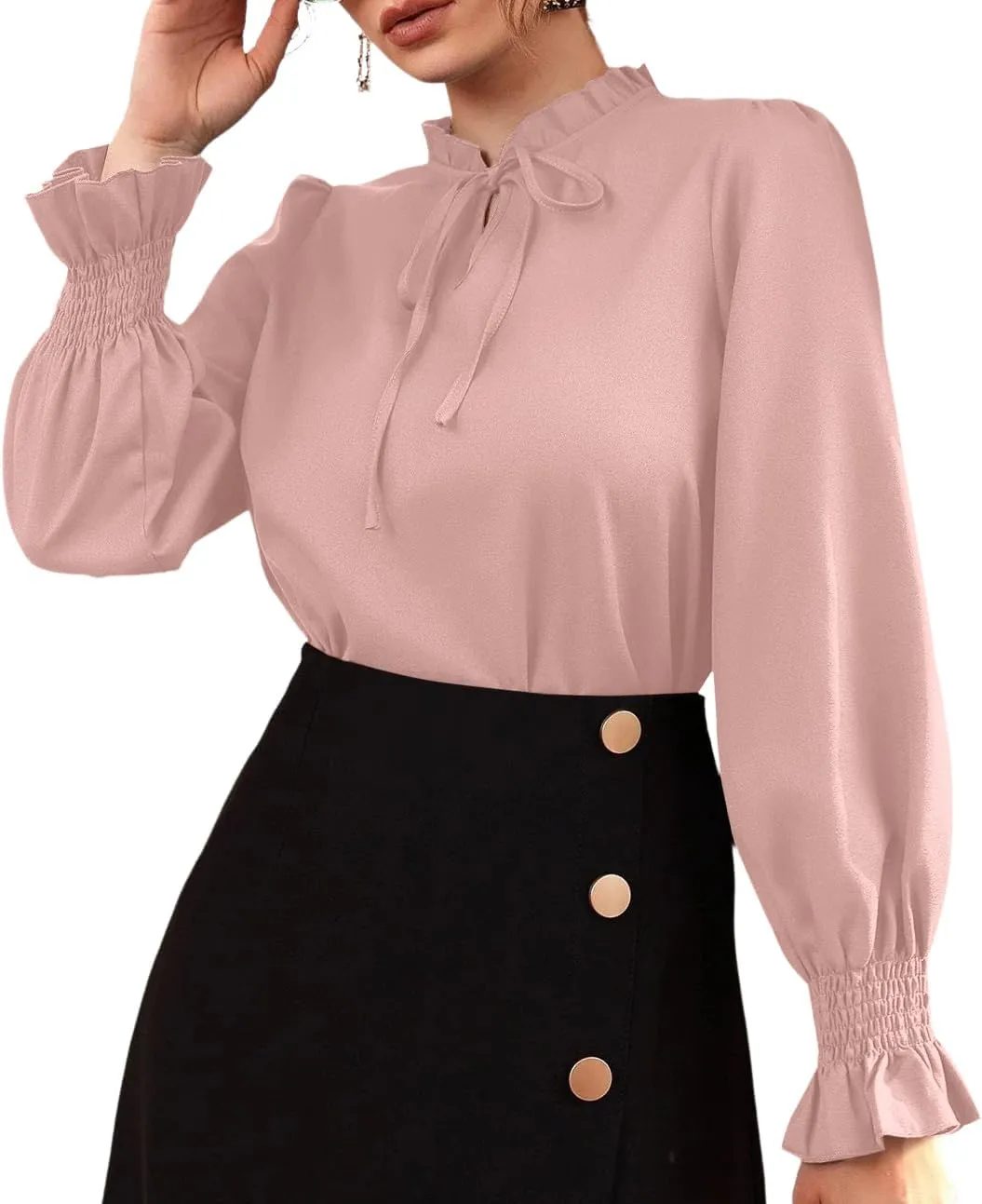 Rooscier Women's Frill Mock Neck Self Tie Shirred Ruffle Long Sleeve Elegant Blouse
