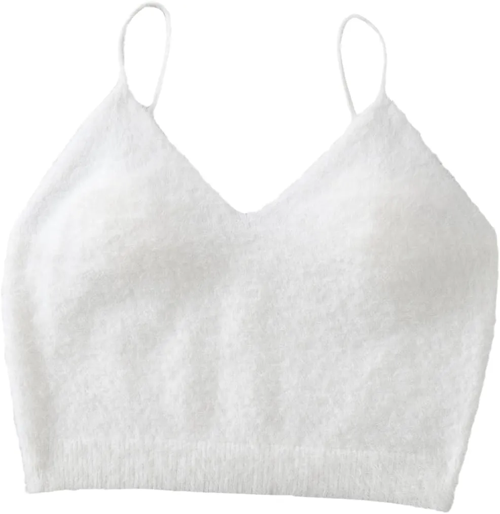 SHENHE Women's V Neck Spaghetti Strap Furry Cute Top Fluffy Knit Crop Cami Top Tank