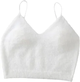 SHENHE Women's V Neck Spaghetti Strap Furry Cute Top Fluffy Knit Crop Cami Top Tank