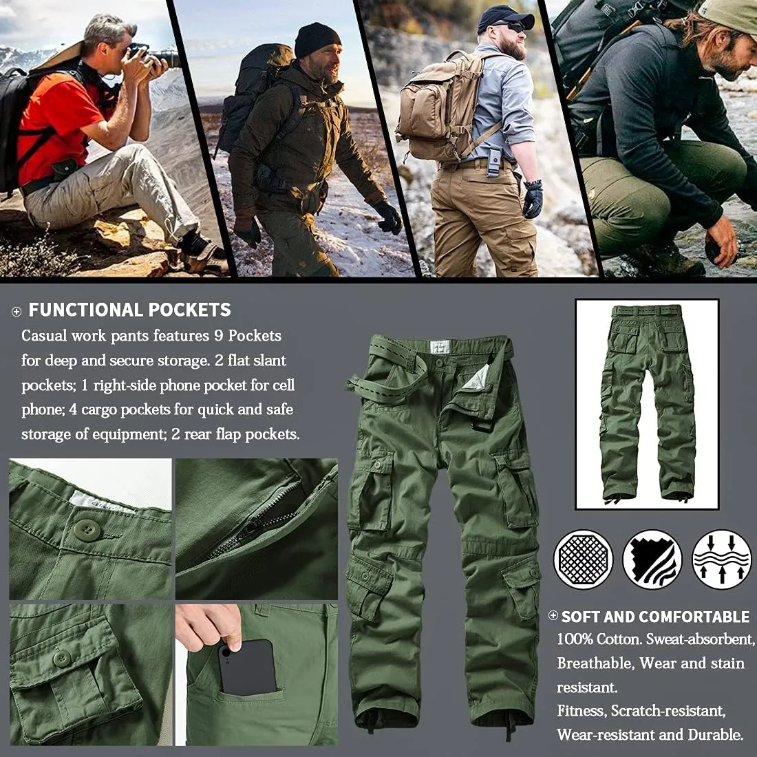TRGPSG Cargo Pants for Men, Cotton Camo Casual Pants, Relaxed Fit Work Pants with Multi-Pocket