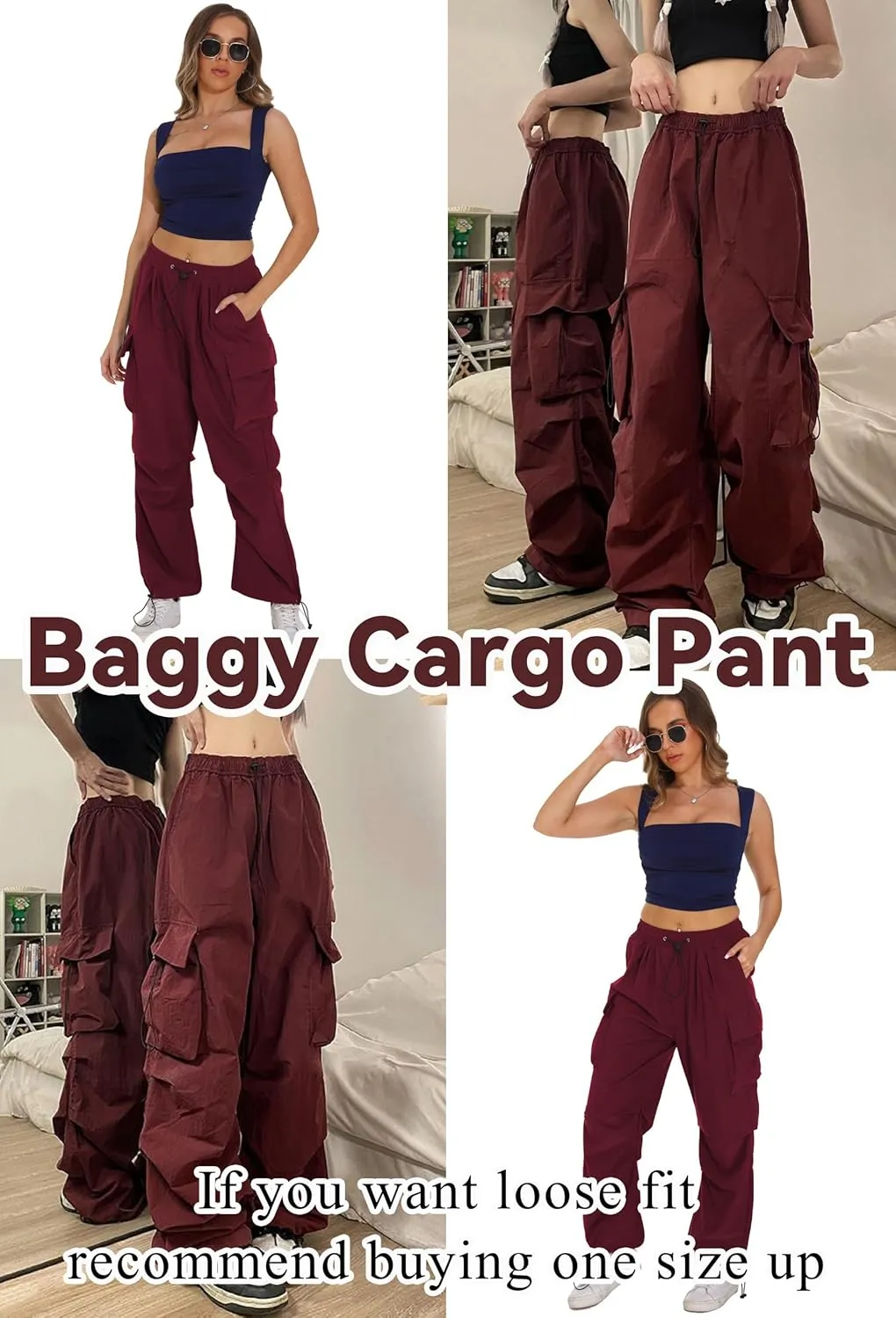 TSMNZMU Womens Baggy Cargo Pants Casual Hiking Trousers Loose Fit Parachute Pants Y2K Hight Waist Mutil Pocket Trousers