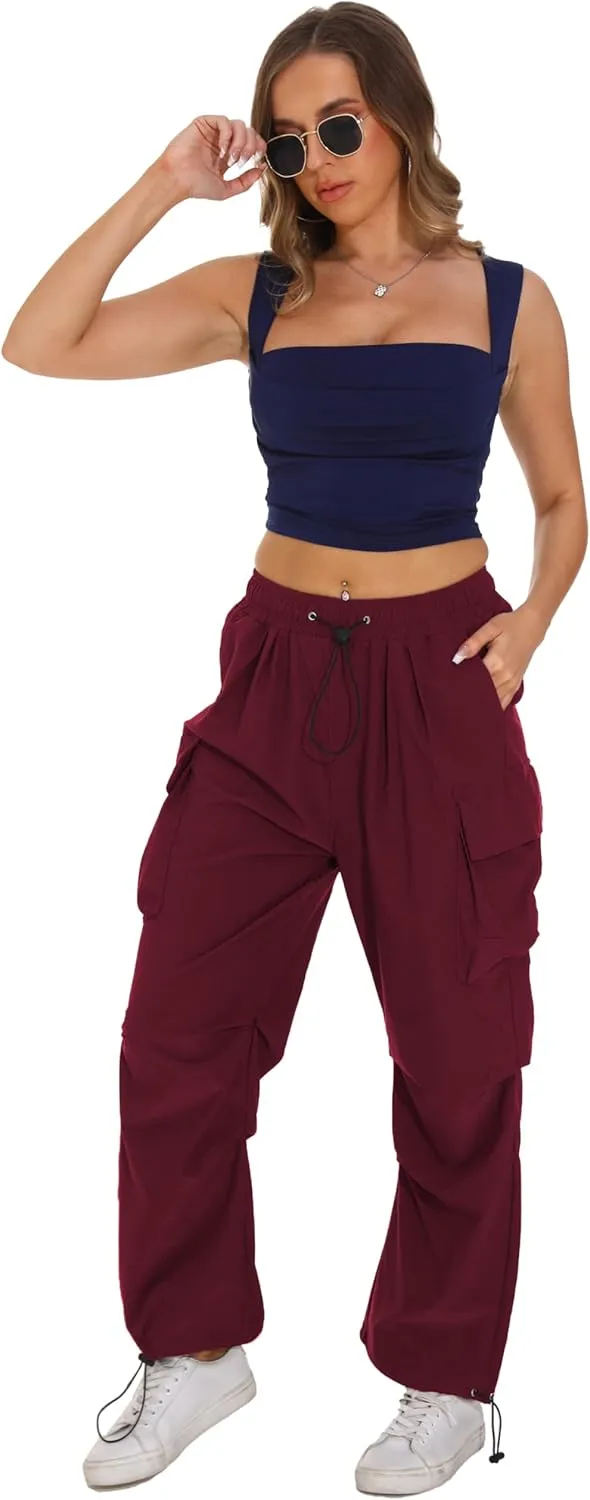 TSMNZMU Womens Baggy Cargo Pants Casual Hiking Trousers Loose Fit Parachute Pants Y2K Hight Waist Mutil Pocket Trousers
