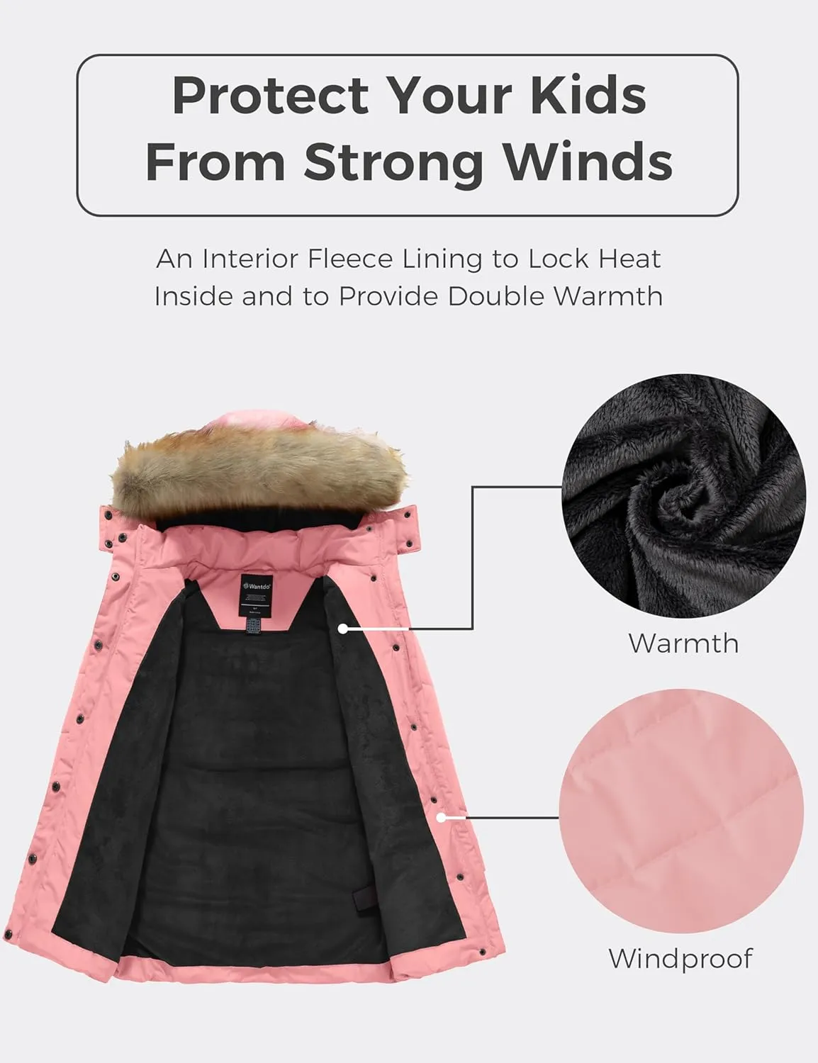 wantdo Girl's Winter Coat Long Puffer Jacket Fleece Parka with Hood Waterproof