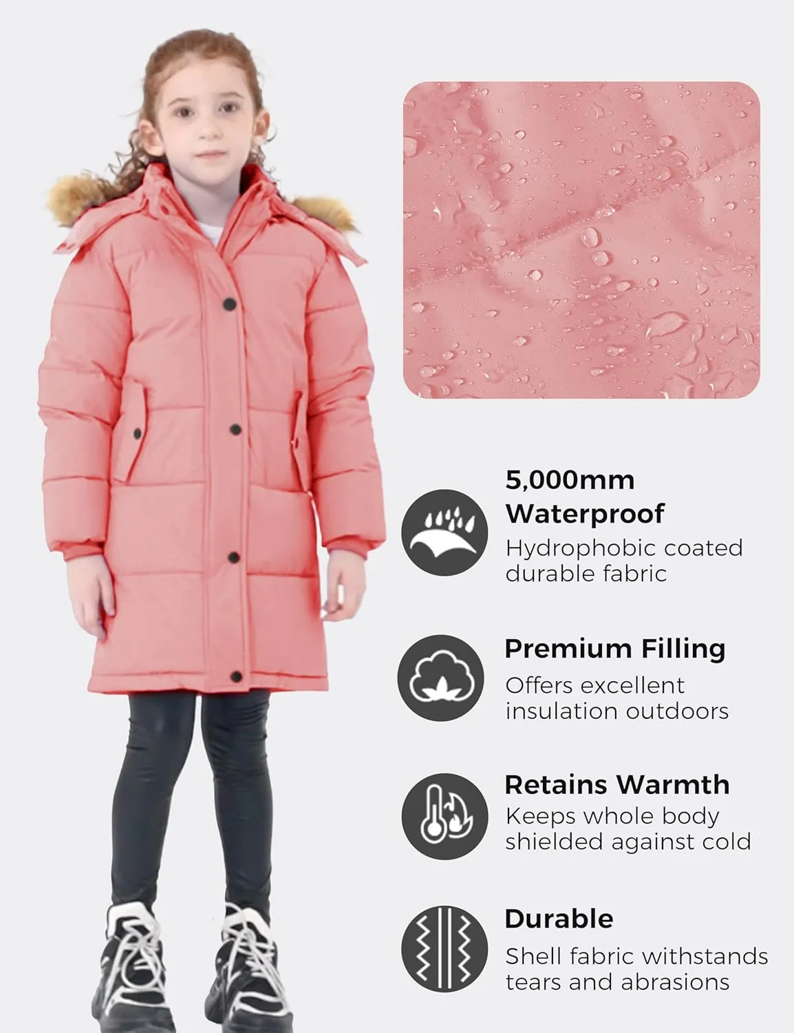 wantdo Girl's Winter Coat Long Puffer Jacket Fleece Parka with Hood Waterproof