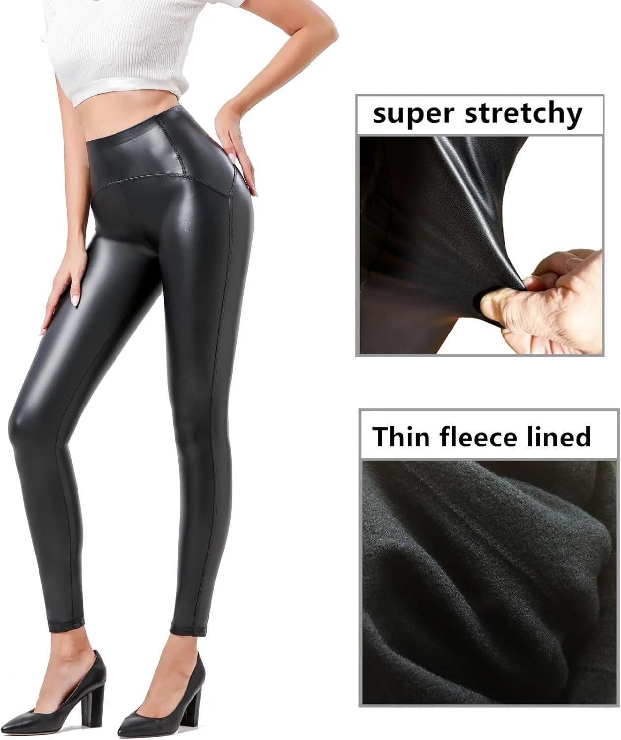 Women Faux Leather Leggings Stretchy High Wiasted Warm Leather Tight Pants