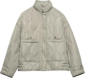 Women Quilted Jacket Zip Up Oversized Warm Winter Coats Stand Collar Lightweight Puffer Jacket Padded Down Coat Outwear