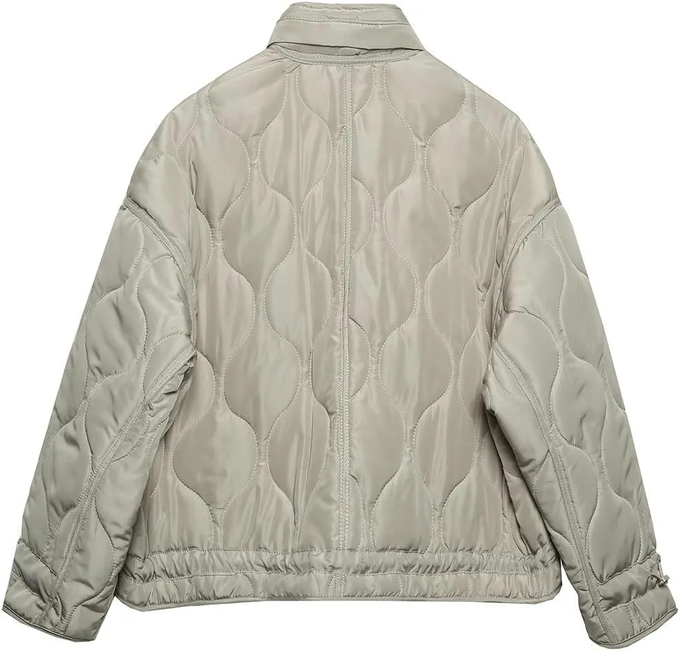 Women Quilted Jacket Zip Up Oversized Warm Winter Coats Stand Collar Lightweight Puffer Jacket Padded Down Coat Outwear