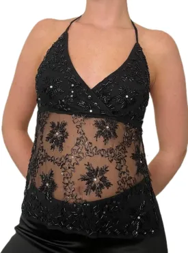 Women Y2k Sequin Cami Top Halter Tie Back Glitter Tank Top Sheer Mesh Backless Cami Sexy Night Out Party Clubwear