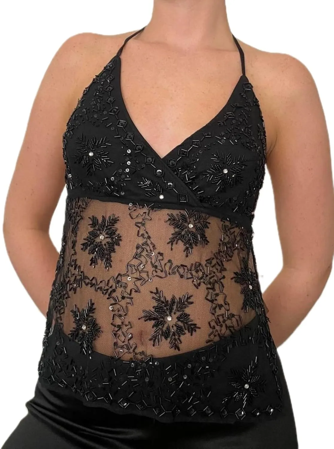 Women Y2k Sequin Cami Top Halter Tie Back Glitter Tank Top Sheer Mesh Backless Cami Sexy Night Out Party Clubwear