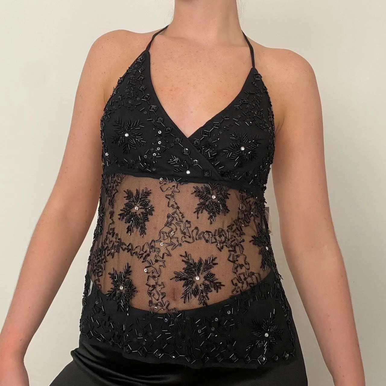 Women Y2k Sequin Cami Top Halter Tie Back Glitter Tank Top Sheer Mesh Backless Cami Sexy Night Out Party Clubwear