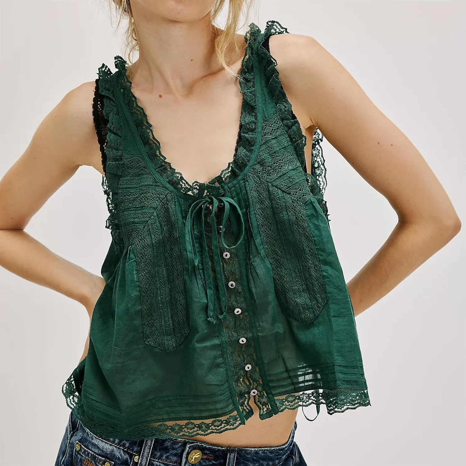 Women Y2k Tank Tops Lace Trim Sleeveless Sheer See Through Lace Up Button Cami Shirt Going Out Tops Vest
