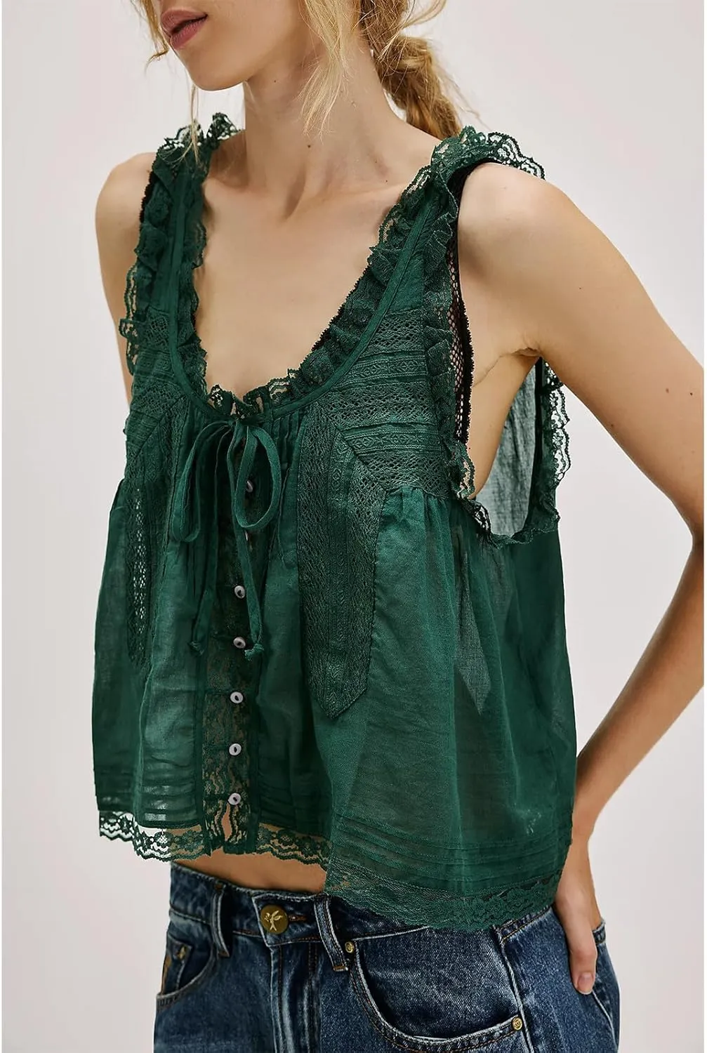 Women Y2k Tank Tops Lace Trim Sleeveless Sheer See Through Lace Up Button Cami Shirt Going Out Tops Vest
