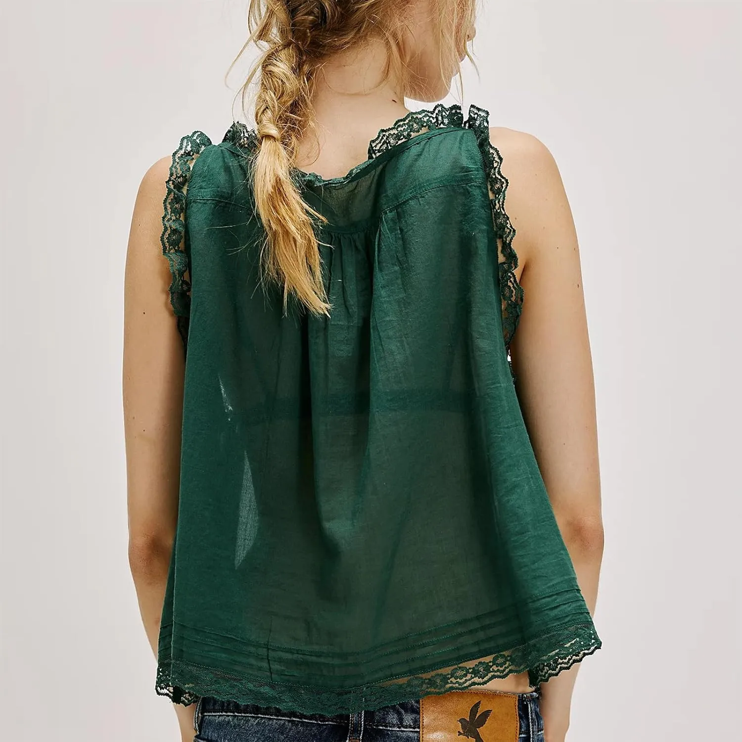 Women Y2k Tank Tops Lace Trim Sleeveless Sheer See Through Lace Up Button Cami Shirt Going Out Tops Vest