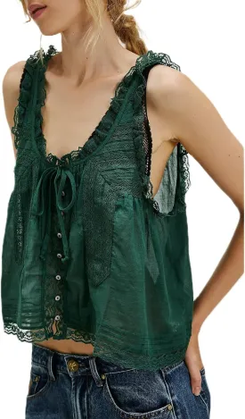 Women Y2k Tank Tops Lace Trim Sleeveless Sheer See Through Lace Up Button Cami Shirt Going Out Tops Vest